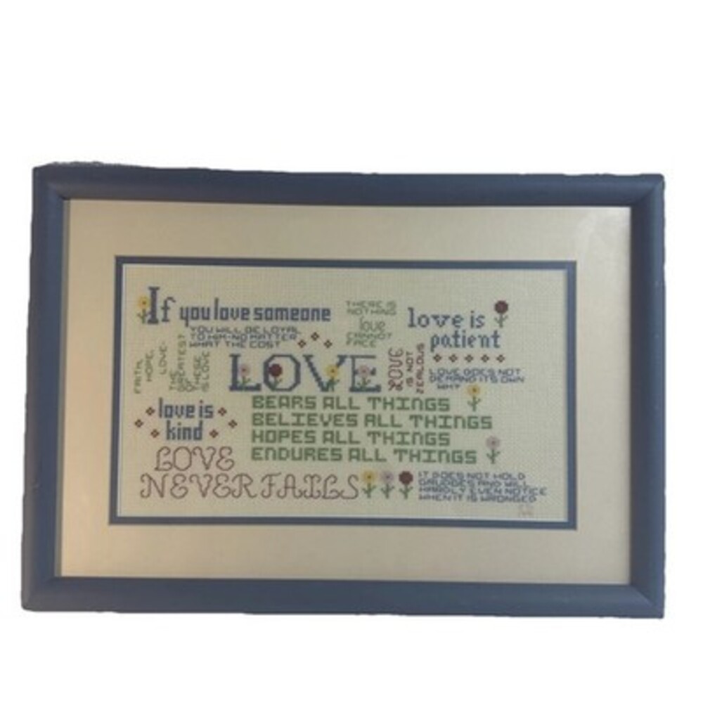 Cottage Core Framed Needlepoint Cross Stitch Love 1 Corinthians 18”x13”